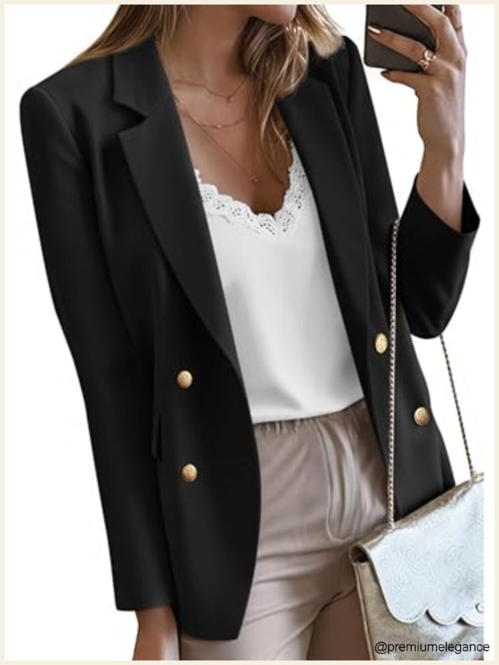 Women's Double Breasted Work Blazer with Gold Buttons and Pockets - Business